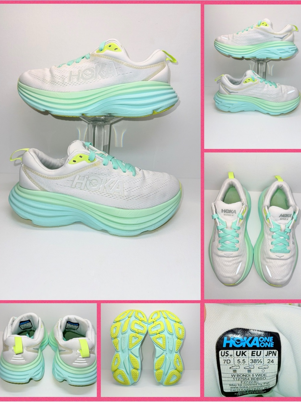 HOKA BONDI 8 Athletic Shoes - White with Mint & Yellow